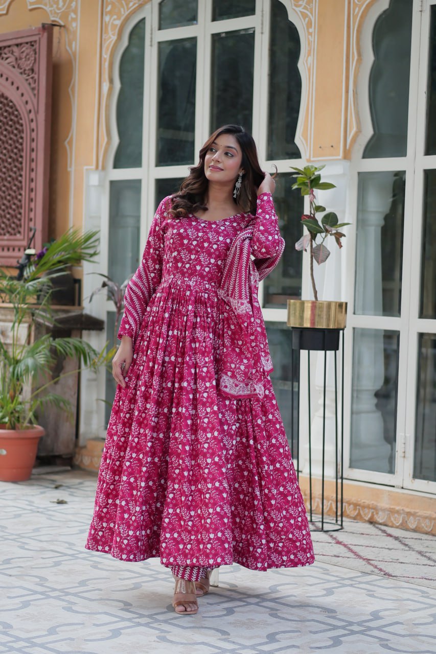 Pure Rani Pink Cotton Long Kurta Set with Elastic Bottom and Dupatta