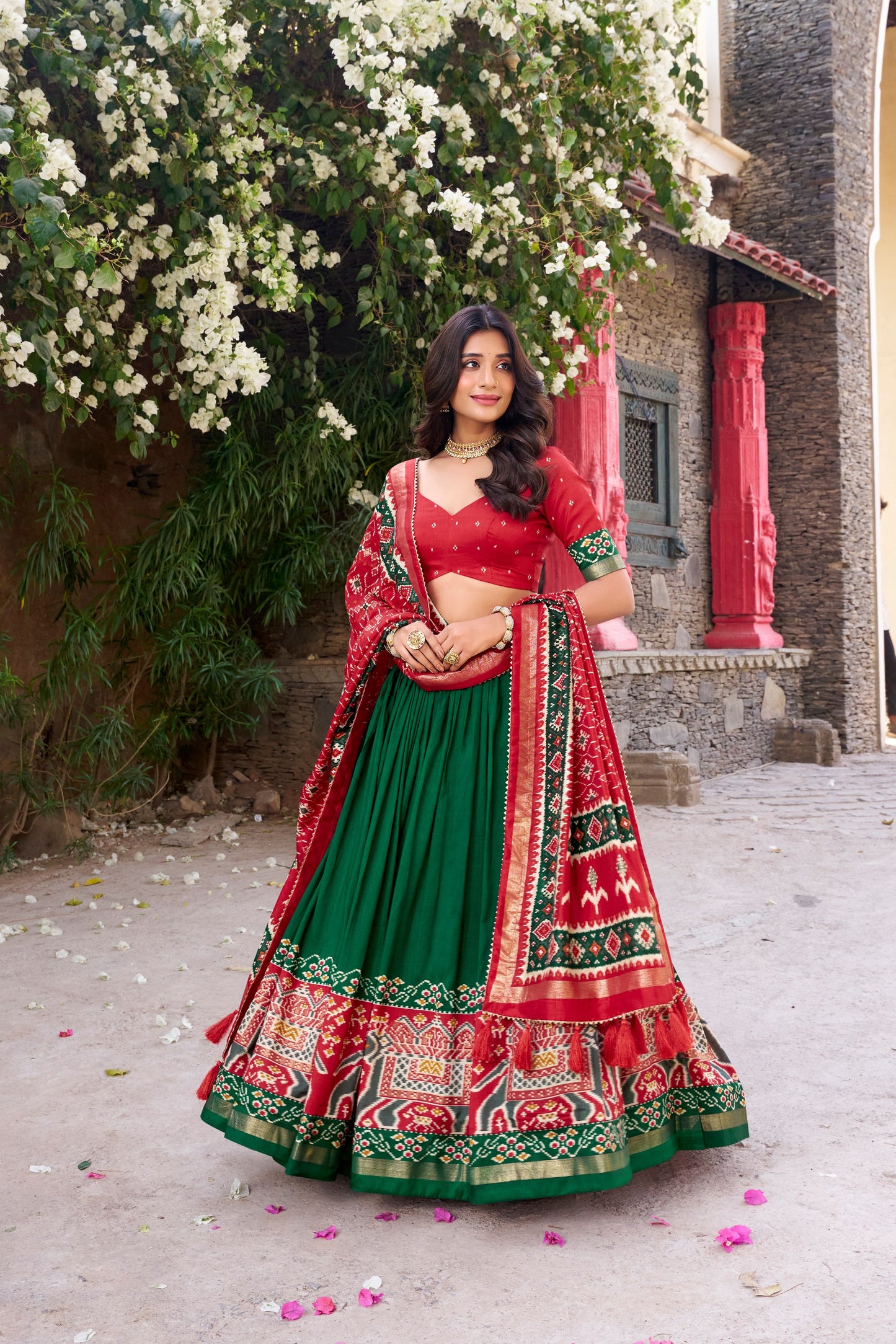 Patola Printed Green Tussar Silk Lehenga Set with Gotta Patti Dupatta