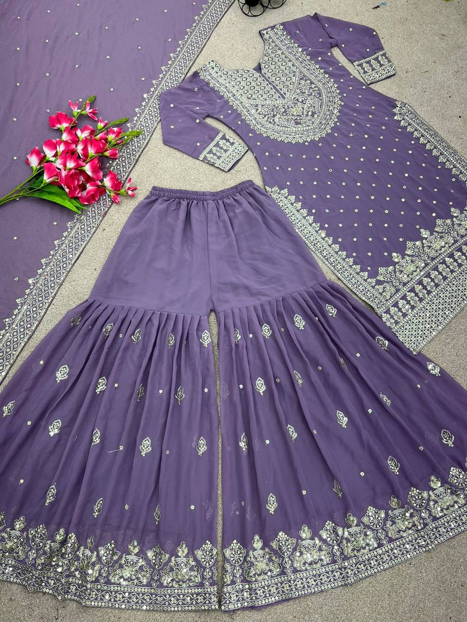 Heavy Faux Georgette Embroidered Lavender Gharara Set with Dupatta – Fully Stitched Ethnic Partywear for Women