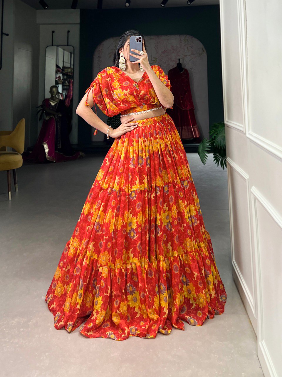 Elegant Floral Print Chiffon Red Lehenga Set for Women