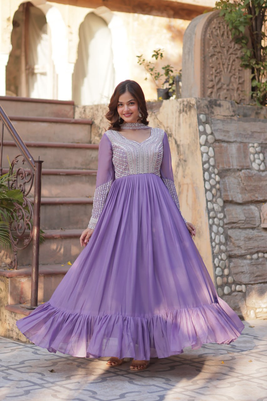 Star Georgette Embroidered Beads Sequins Work Lavender Gown with Dupatta Set