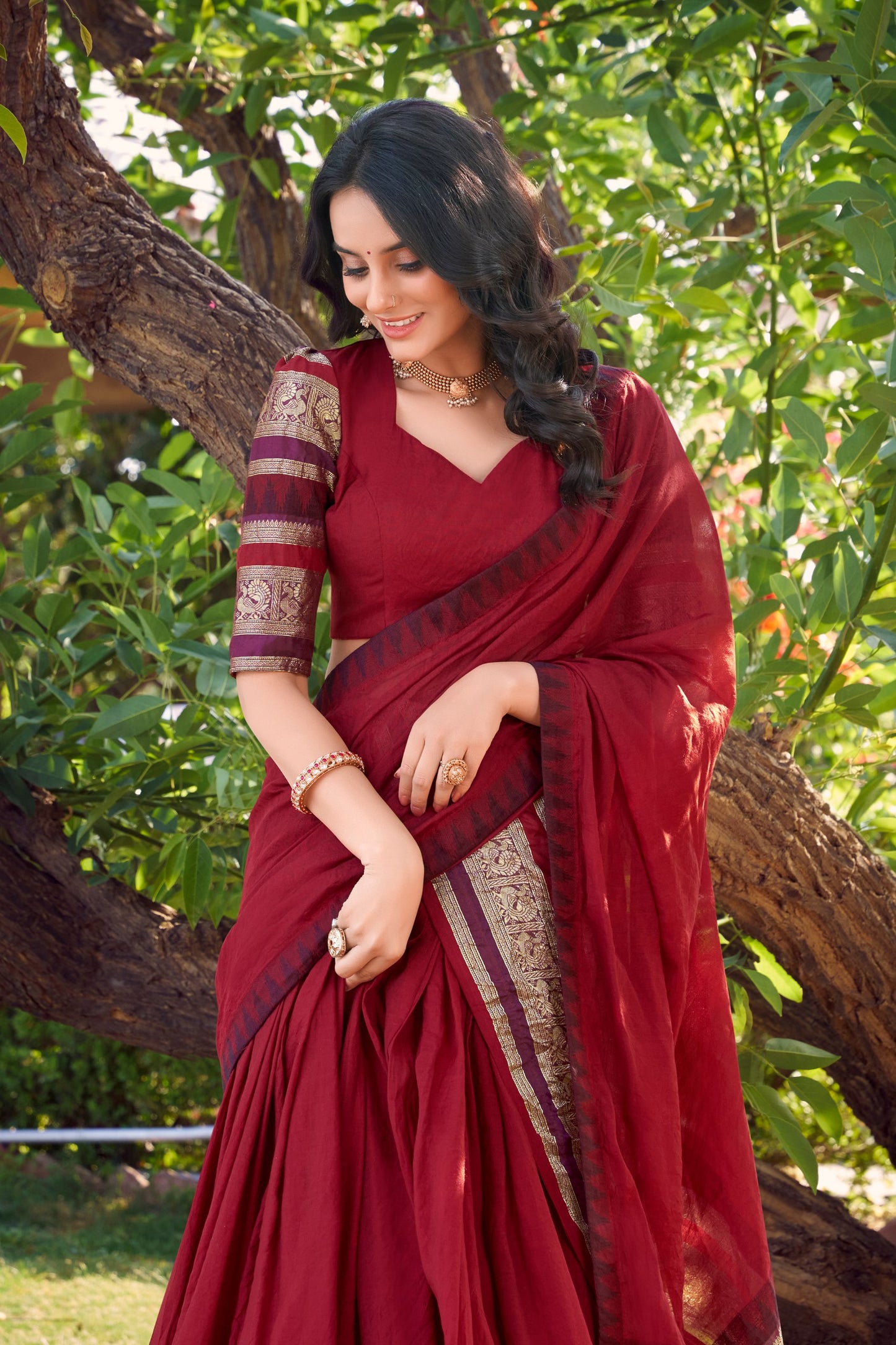 Pure Chanderi Red Lehenga with Zari Weaving Work Border & Dupatta