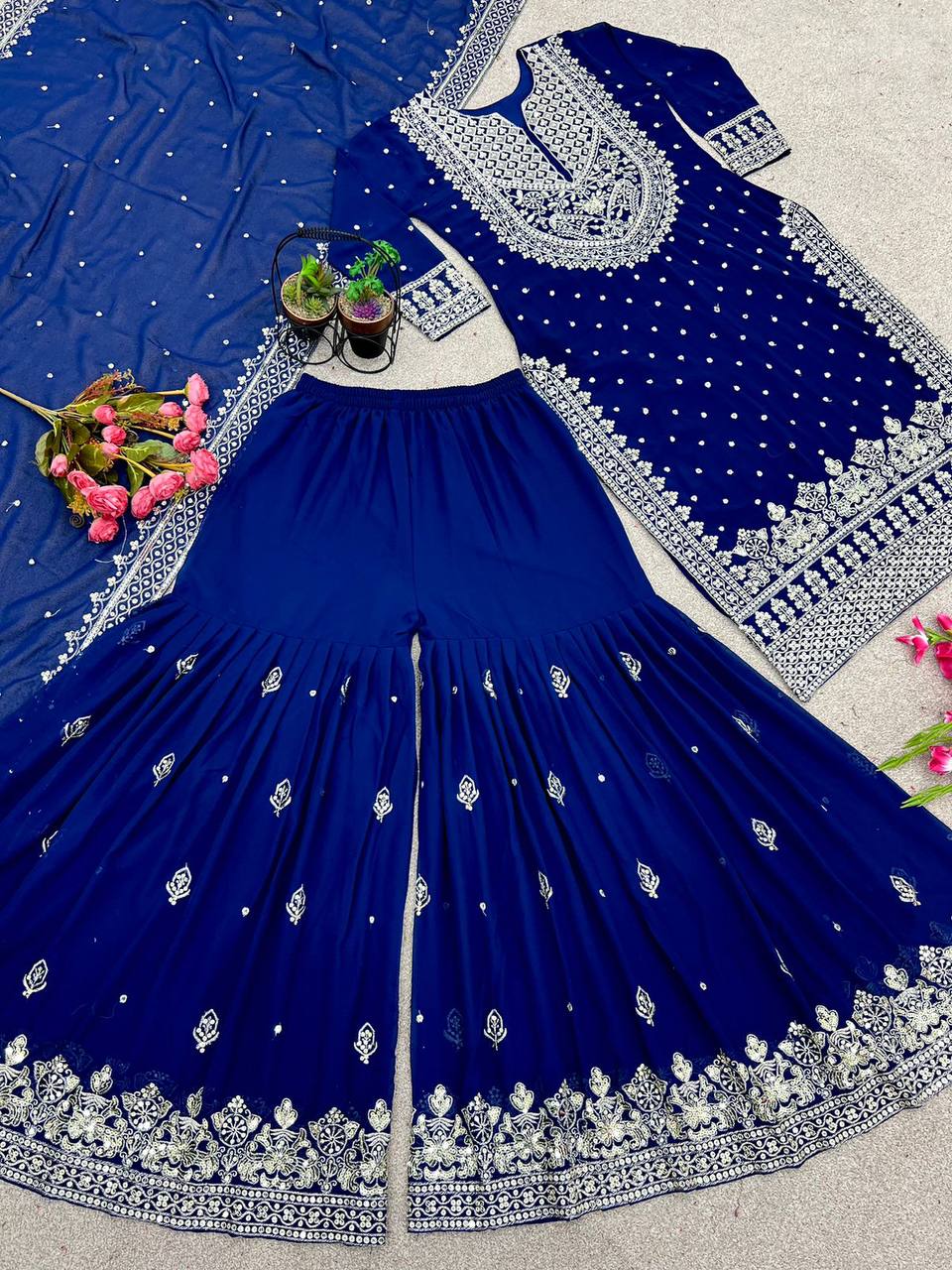Heavy Faux Georgette Embroidered Royal Blue Gharara Set with Dupatta – Fully Stitched Ethnic Partywear for Women