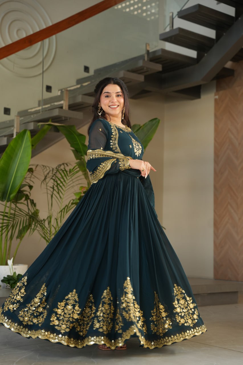 Bottle Green Faux Blooming Georgette Embroidered Gown with Dupatta