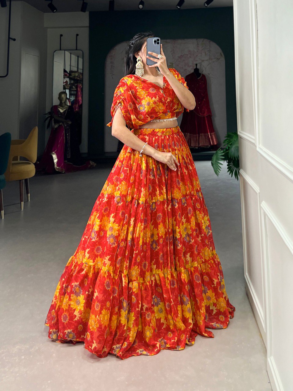 Elegant Floral Print Chiffon Red Lehenga Set for Women