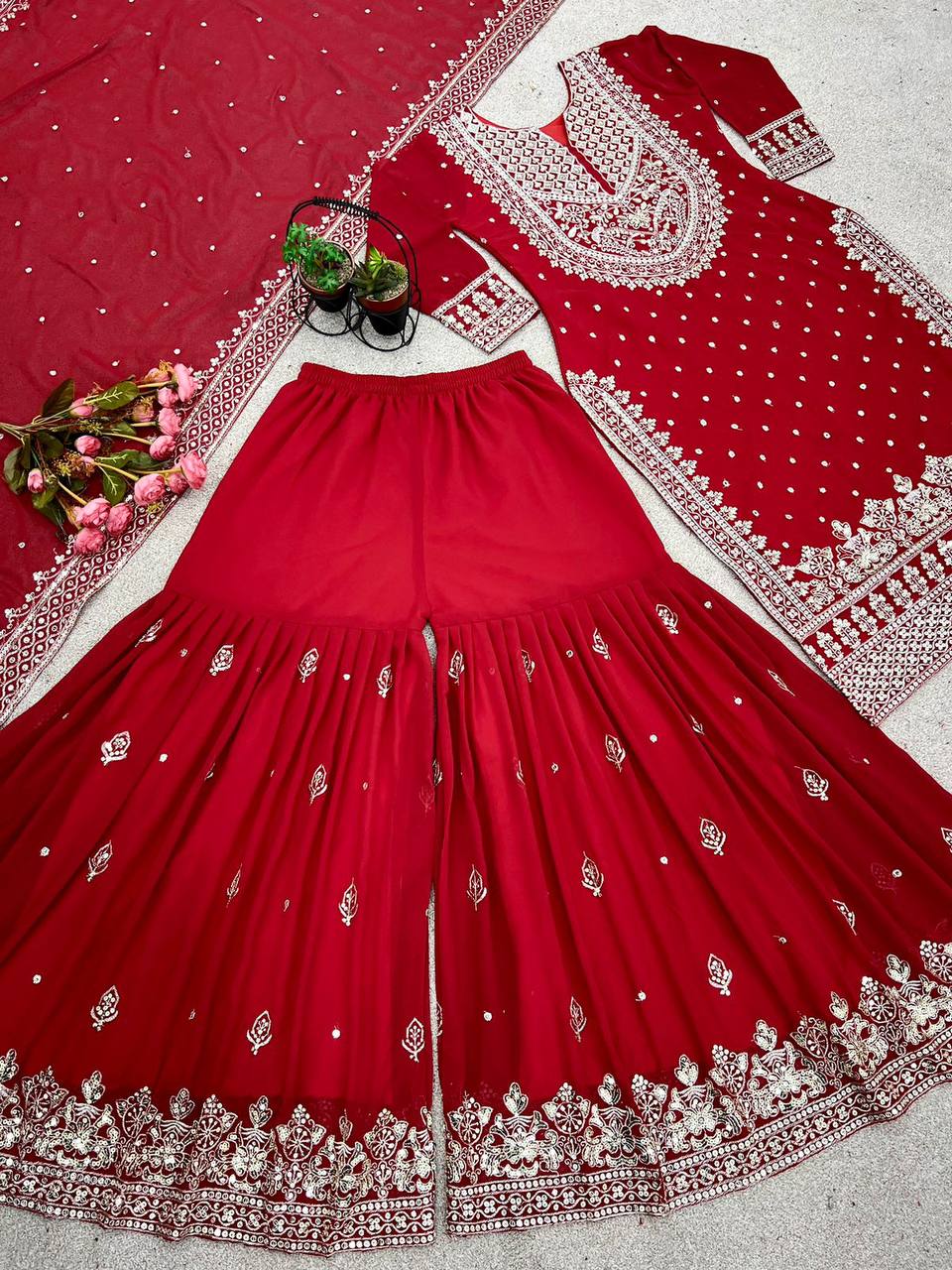 Heavy Faux Georgette Embroidered Red Gharara Set with Dupatta – Fully Stitched Ethnic Partywear for Women