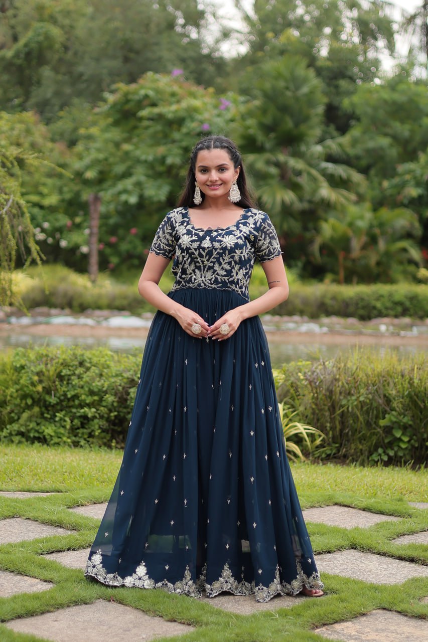 Peacock Blue Embroidered Georgette Flared Gown By Stylish Ethnic