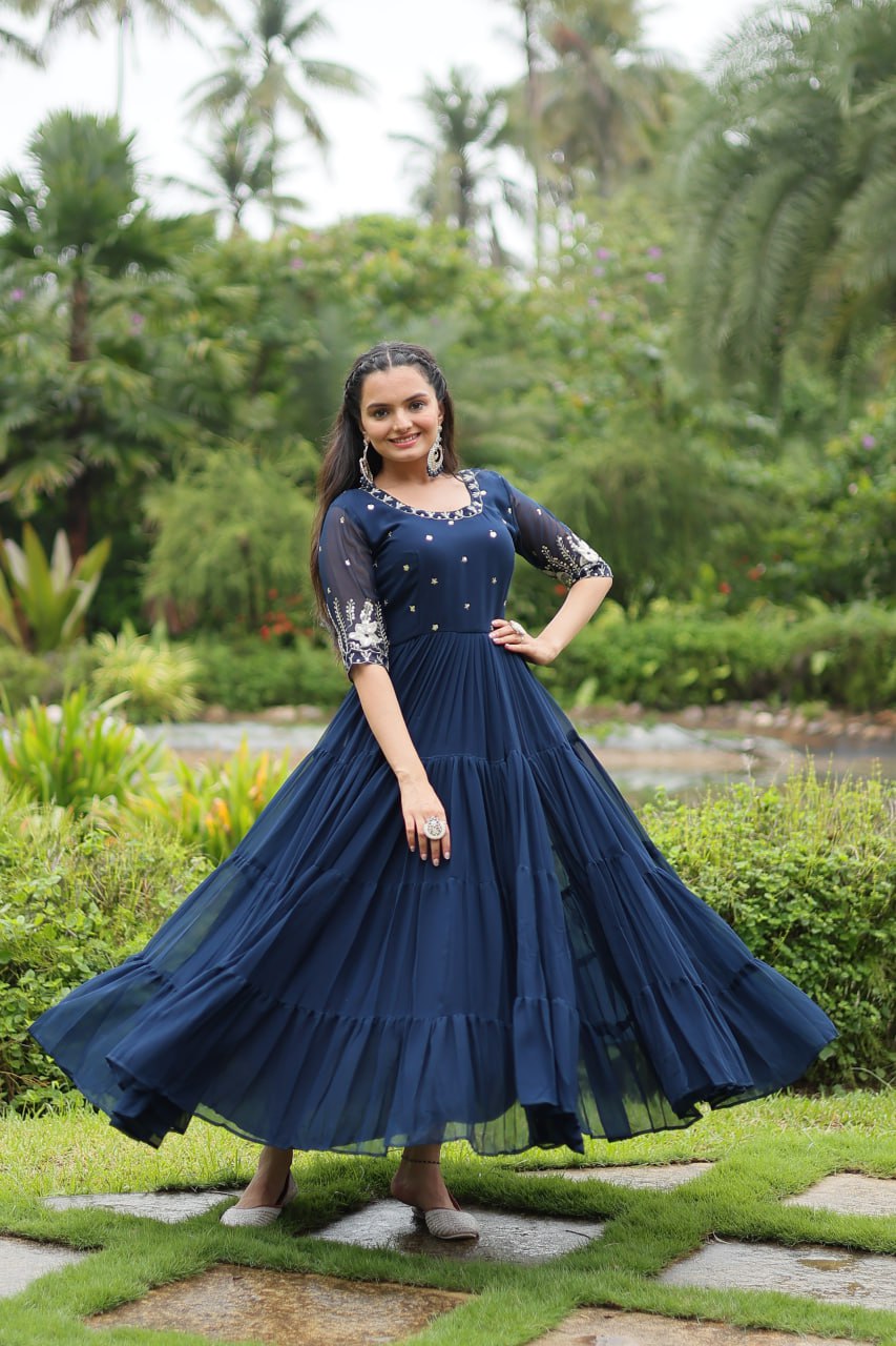 Blue Zari Sequin Embroidered Faux Blooming Gown By Stylish Ethnic