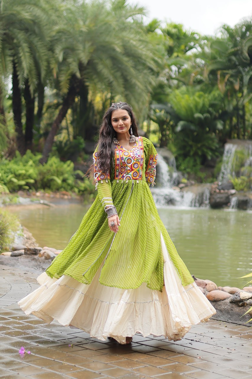 Pista Green Mirror Work Cotton Navratri Wear Kurti With Lehenga By Stylish Ethnic