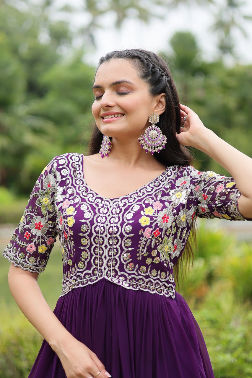 Purple Zari Sequin Embroidered Faux Blooming Gown By Stylish Ethnic
