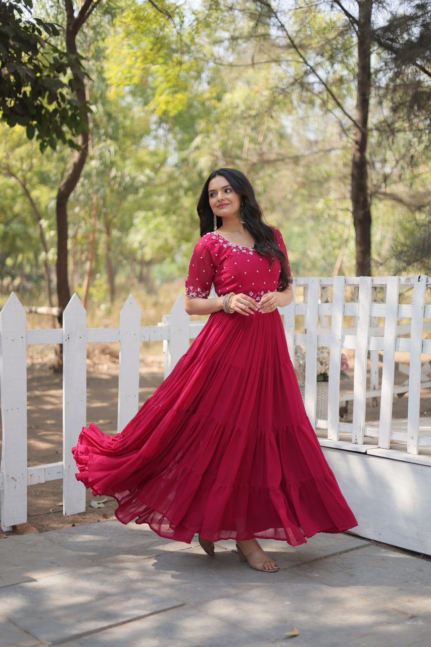 Maroon Zari Embroidered Georgette Gown By Stylish Ethnic