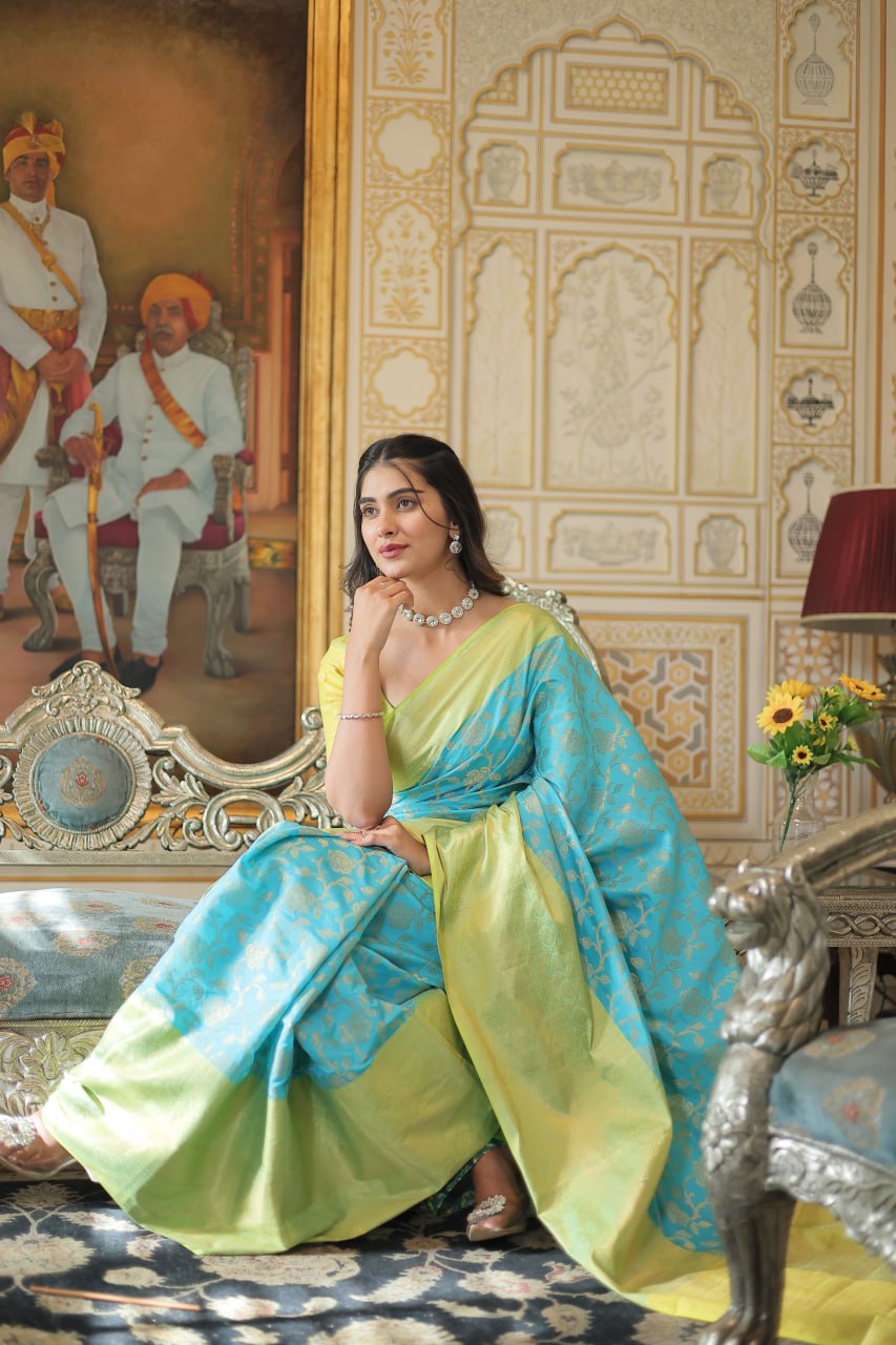 Sky Blue Color Kanjivaram Soft Silk Saree By Stylish Ethnic