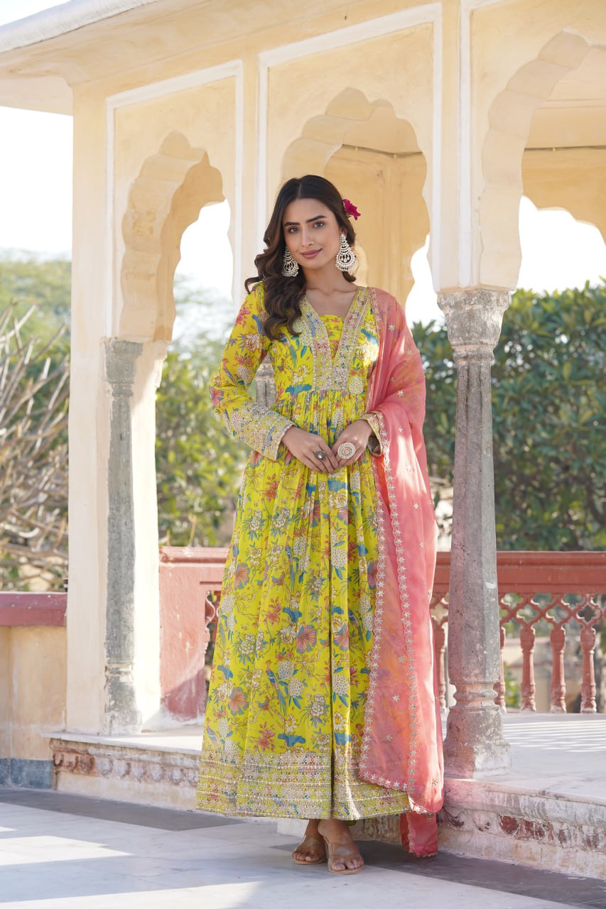 Charming Yellow Anarkali Gown with Floral Prints, Embroidery and Cut-Work By Stylish Ethnic