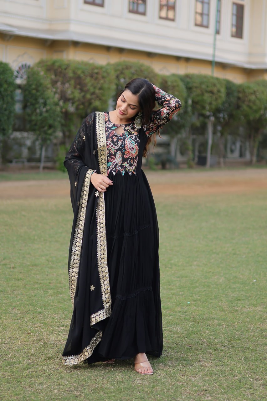Black Colour Premium Readymade Gown With Dupatta By Stylish Ethnic