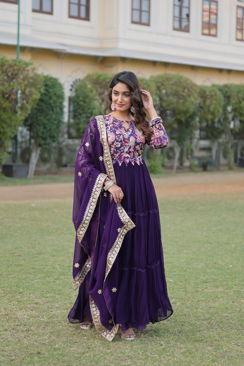 Purple Colour Premium Readymade Gown With Dupatta By Stylish Ethnic