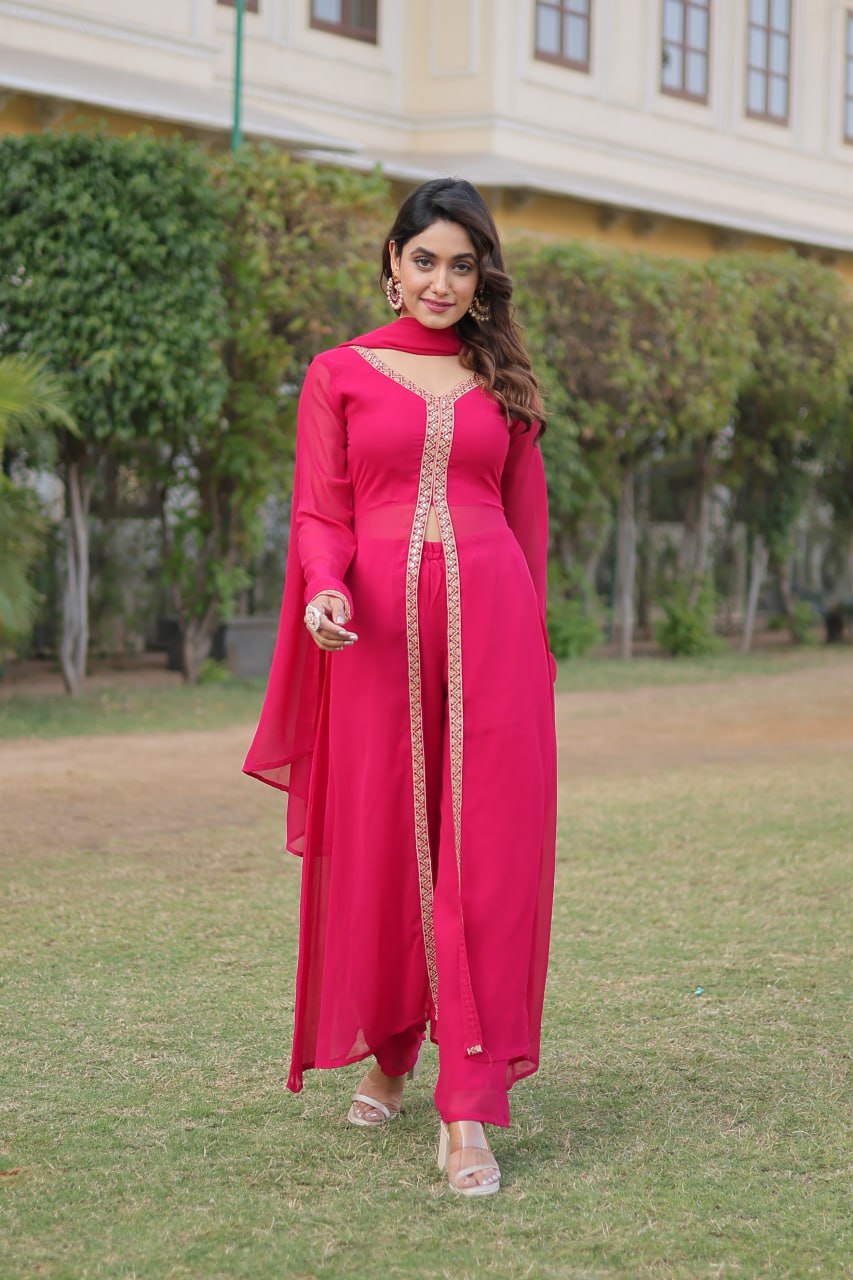 Pink Plain Georgette Kurta Pant With Dupatta By Stylish Ethnic