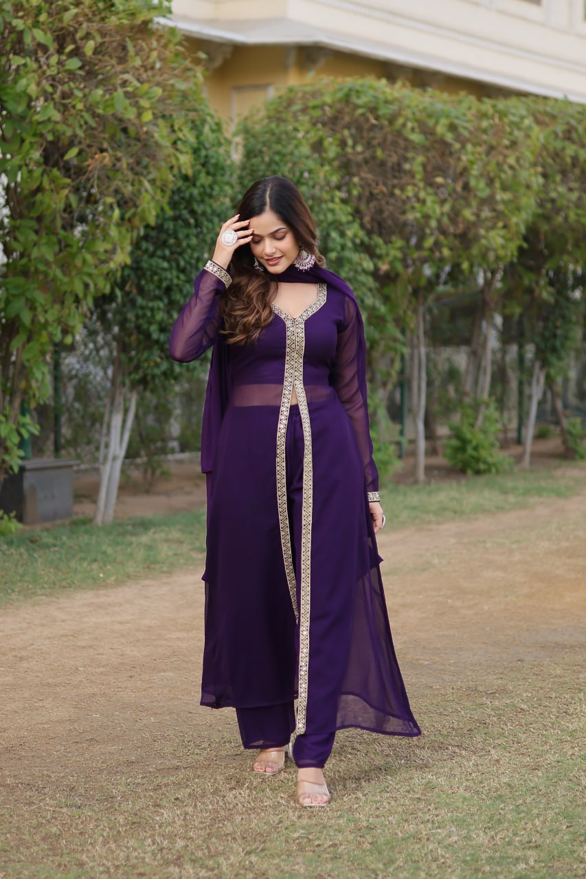Purple Plain Georgette Kurta Pant With Dupatta By Stylish Ethnic