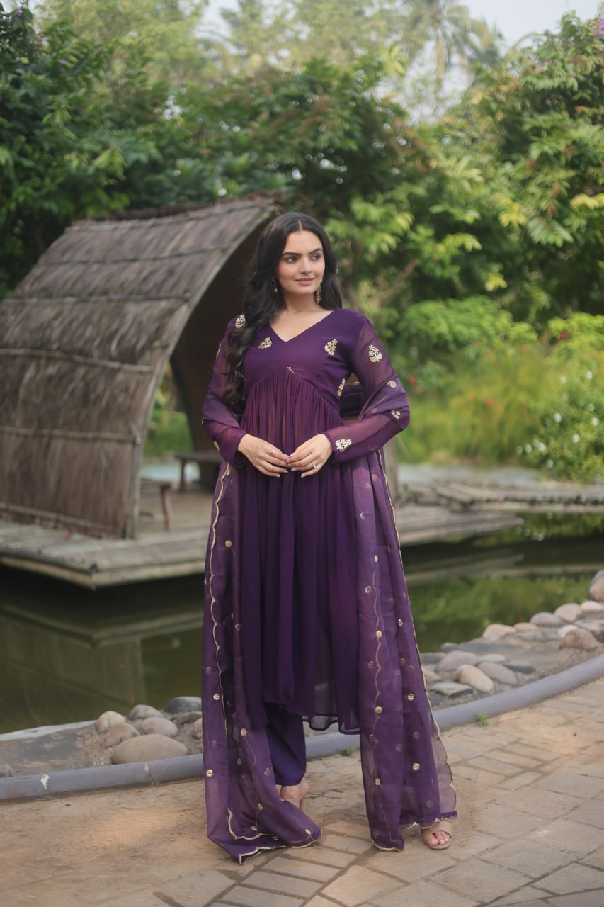Wine Nayra Cut Anarkali Suit with Embroidery Work