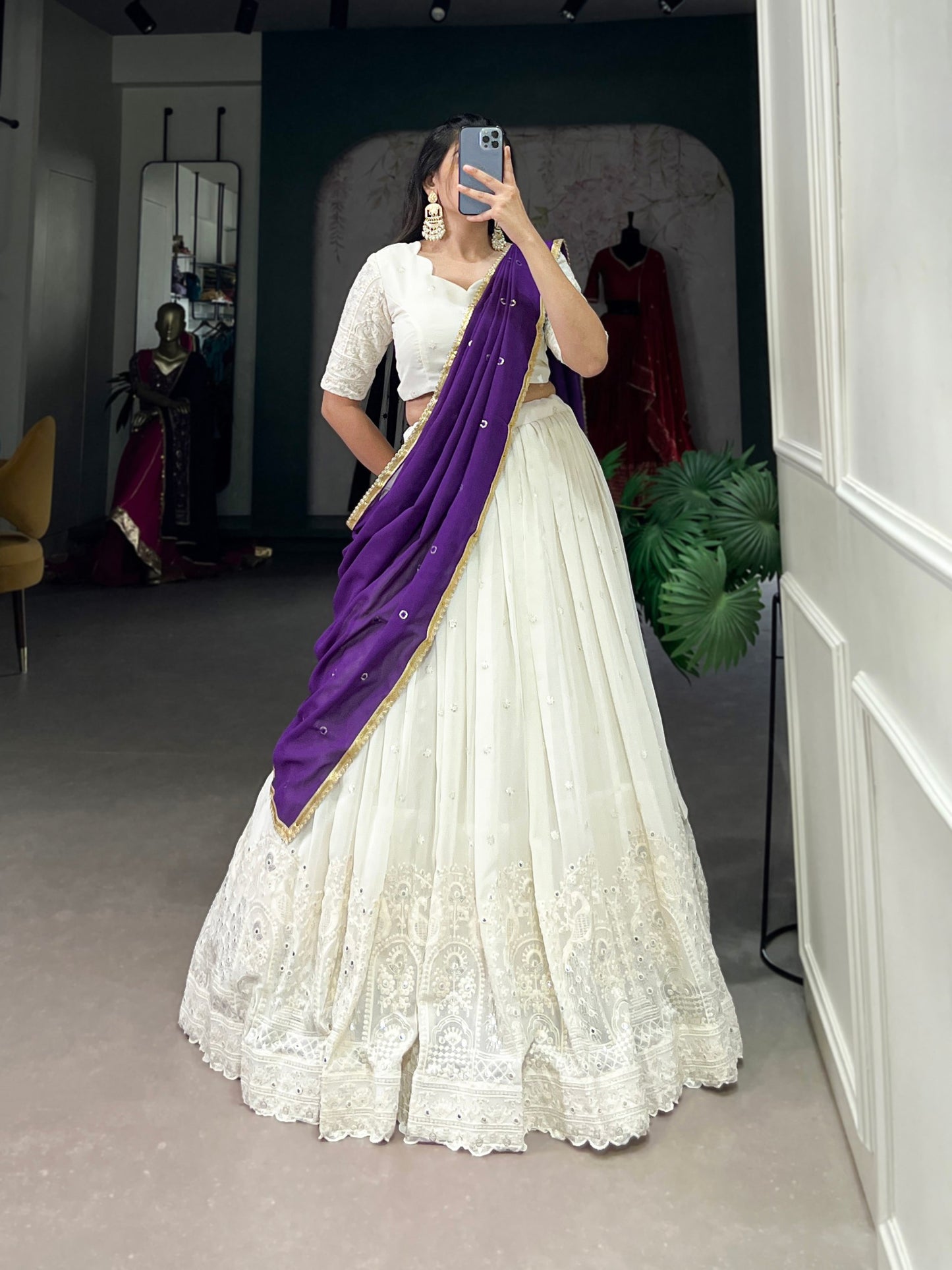 Georgette Lucknowi Paper Mirror Work Lehenga Choli With Purple Dupptta