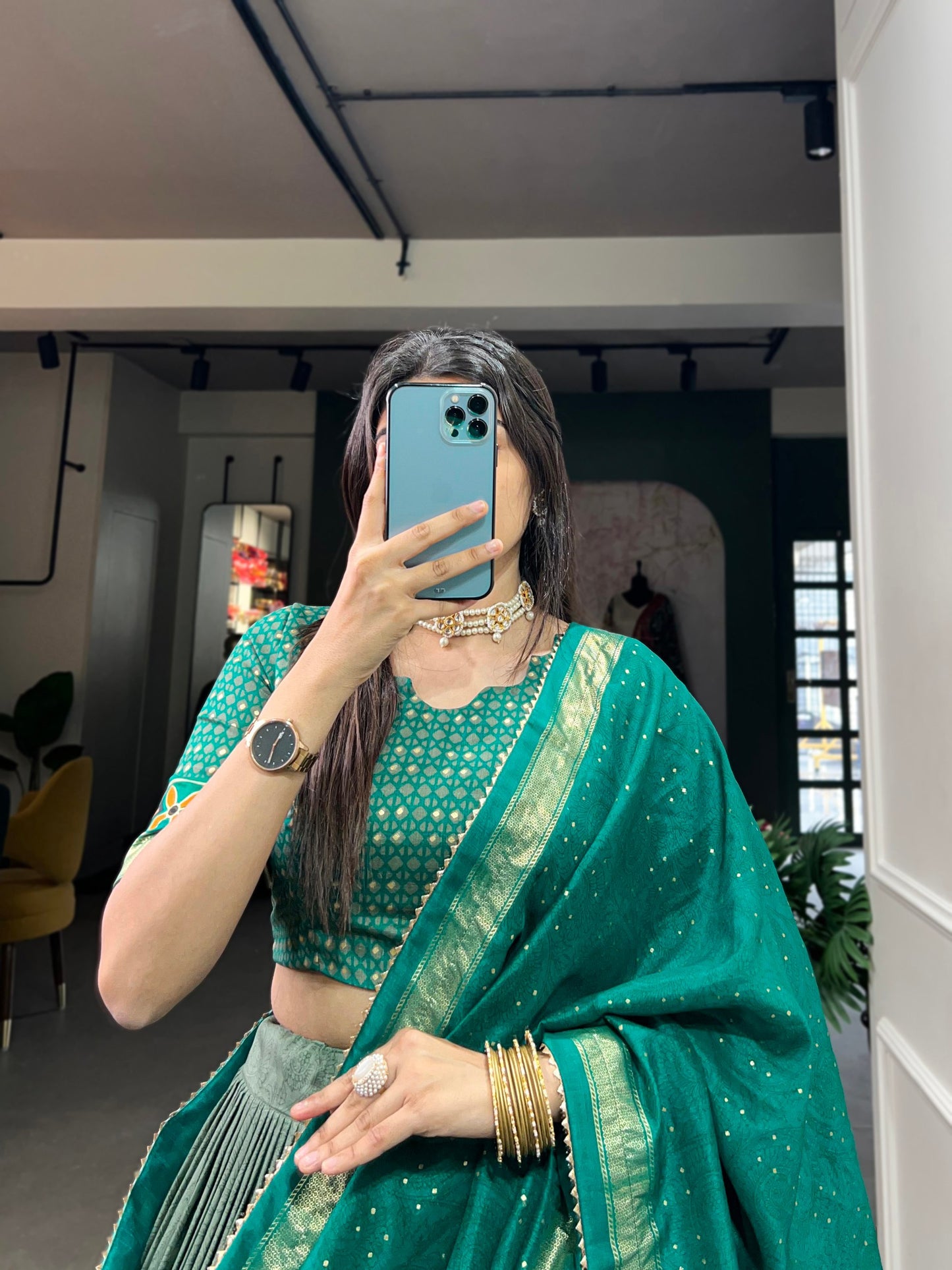 Sea Green Tussar Silk Lehenga Choli with Exquisite Foil Print Florals