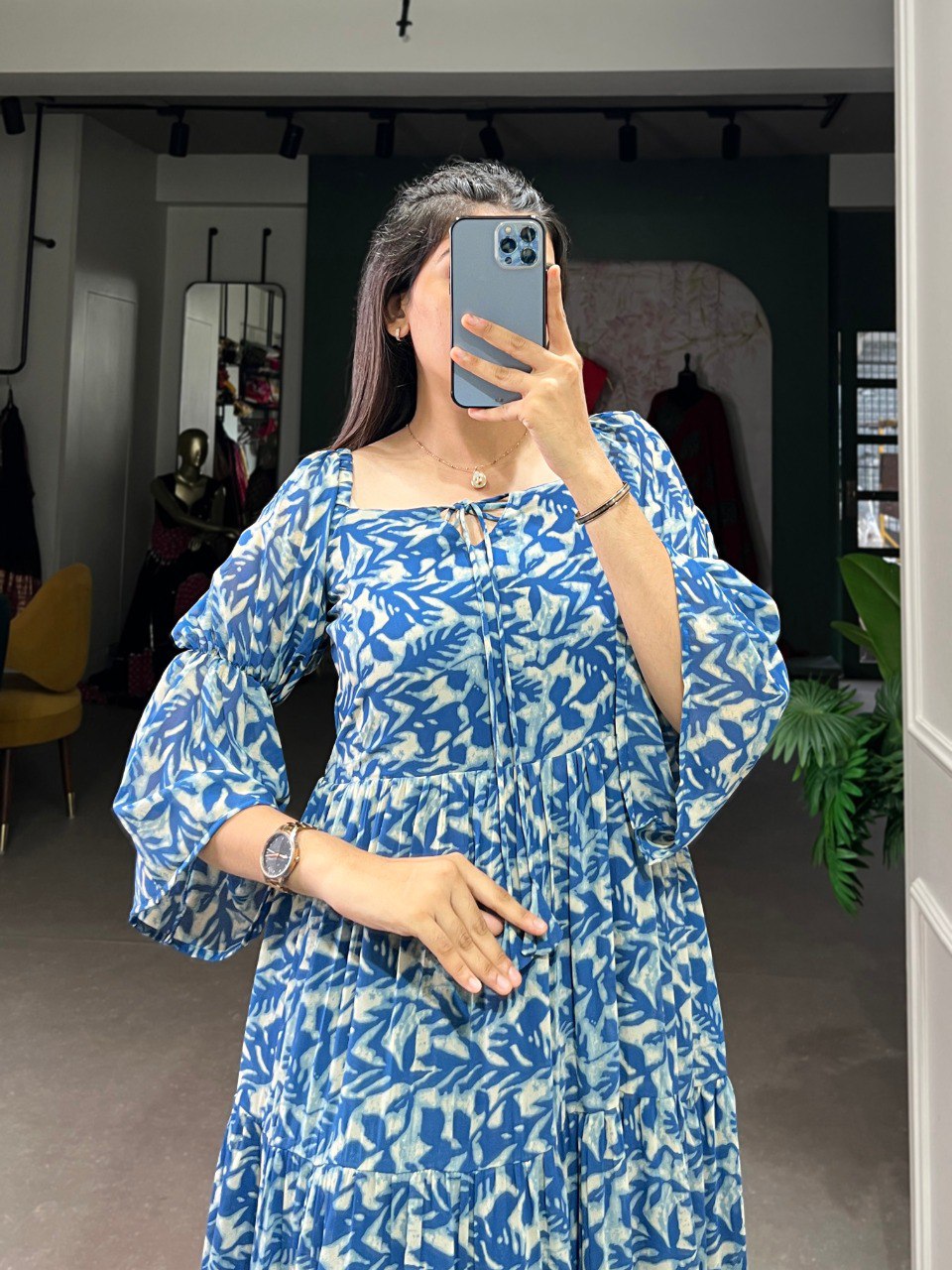 Leaf Print Tiered Boho Blue Midi Dress with Bell Sleeves