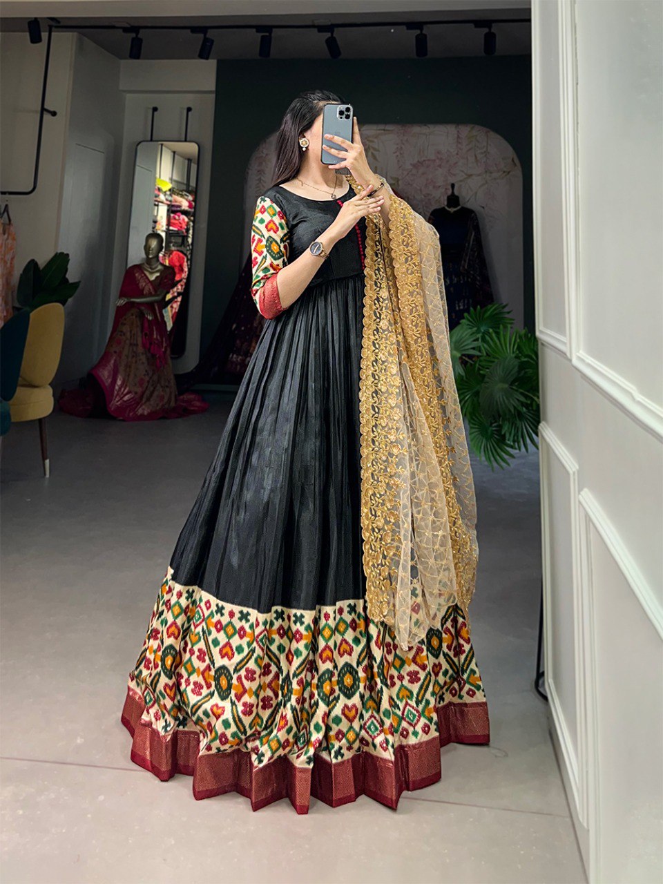 Aesthetic Black Color Dola Silk Print Foil Work With Dupatta Gown