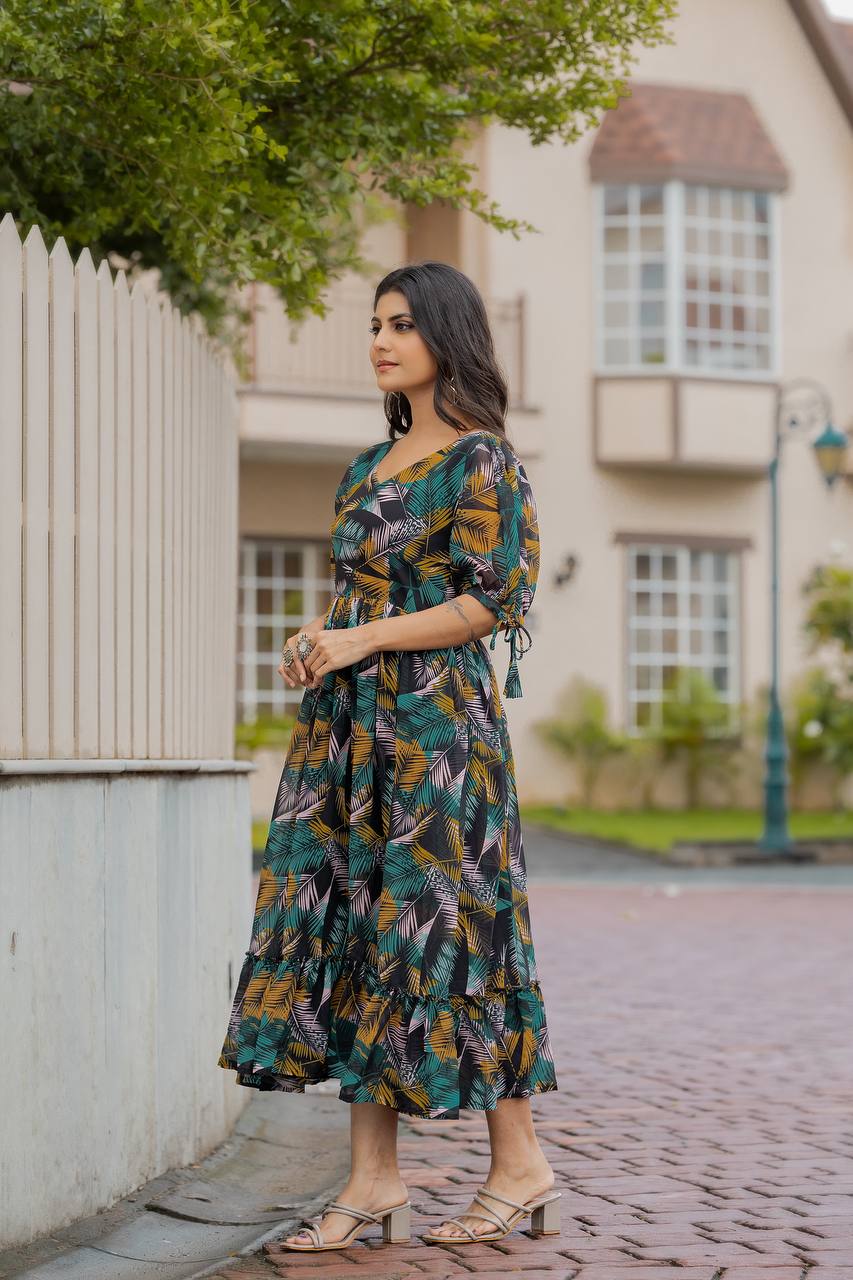 Multicolor Faux Georgette Geometric Print Maxi Dresses