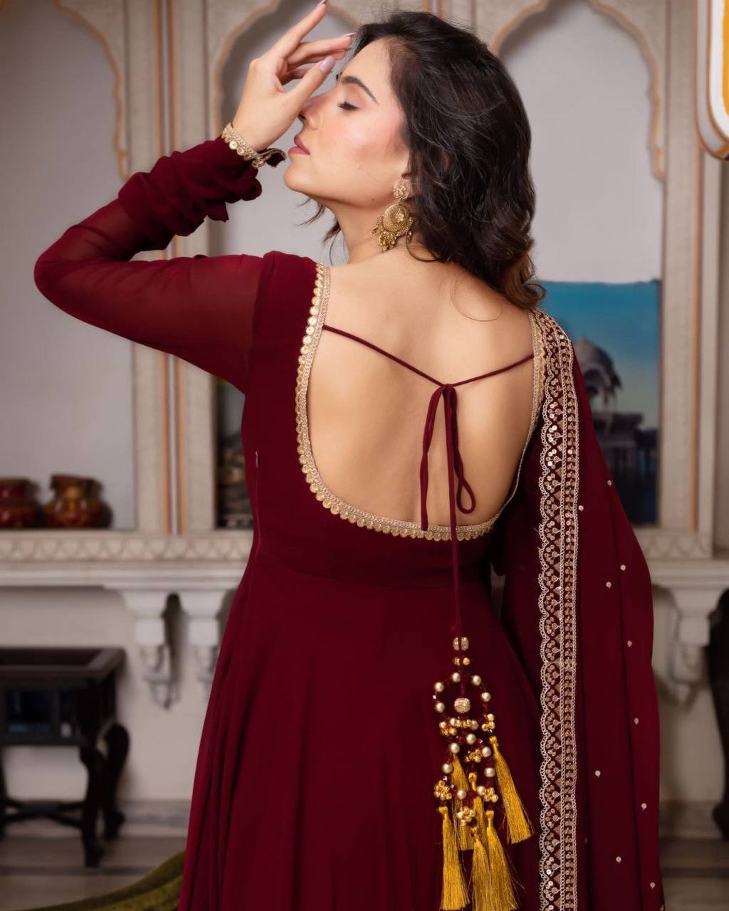 Maroon Color Georgette Base Embroidery Work Anarkali Suit