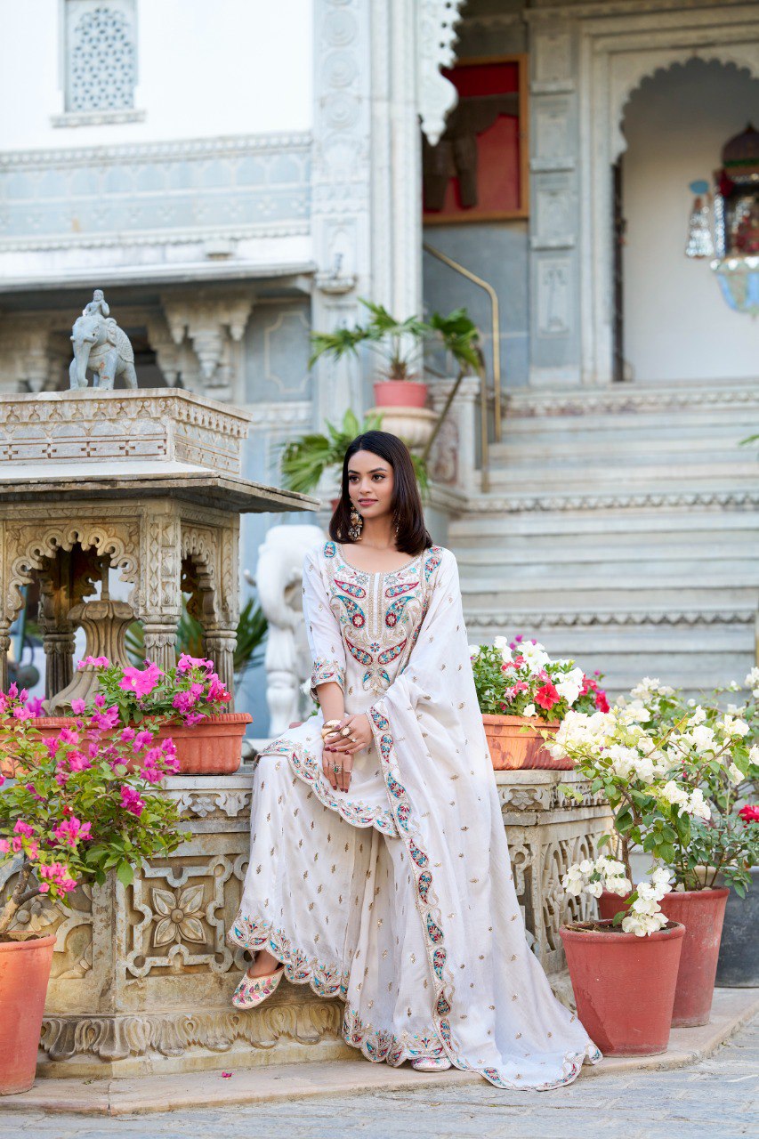 White Color Vichitra Silk Three Piece Kurti Suit