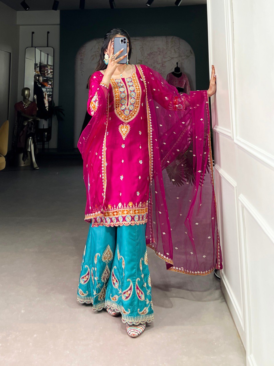 Sequins Thread Embroidered Silk Royal Style Sharara Set Of 3
