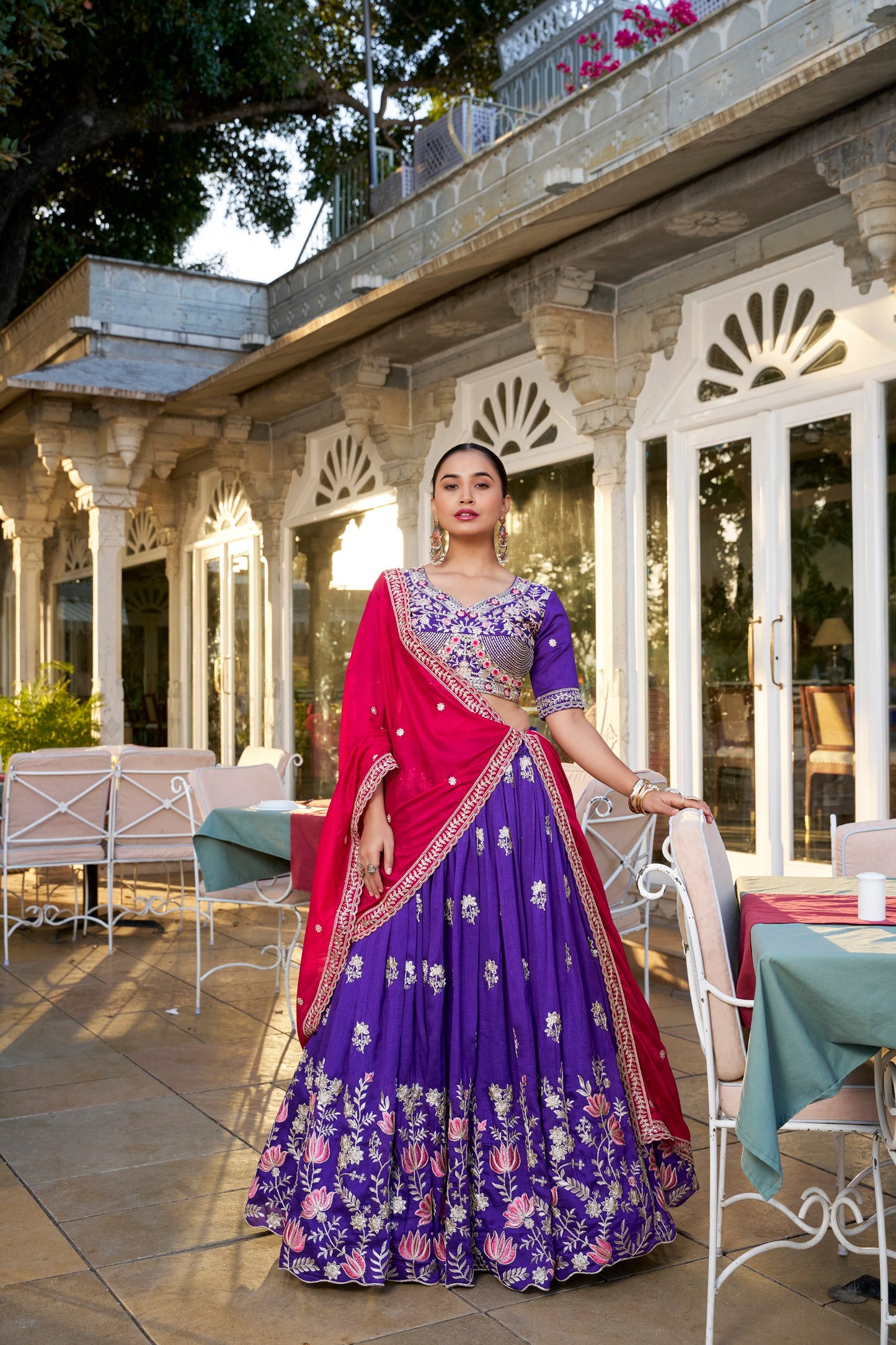 Wedding Lehenga Choli With Sequins and Thread Embroidery in Purple Vichitra Silk