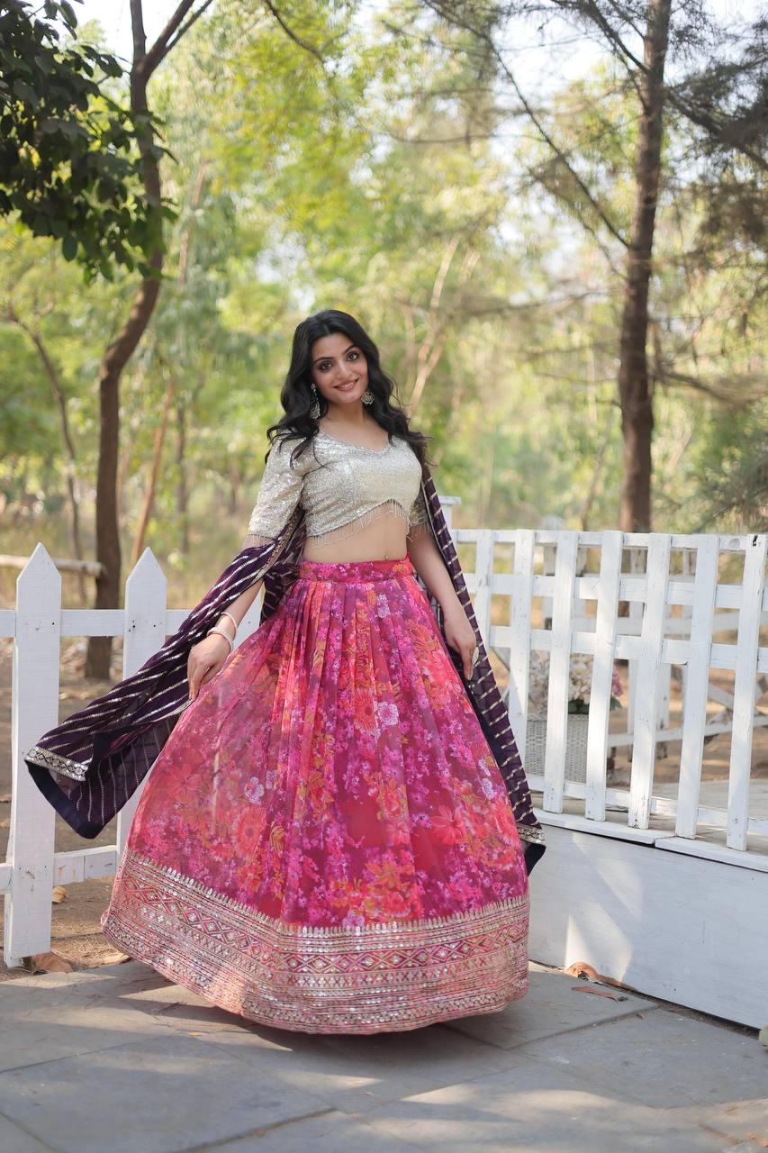 White and Purple Lehenga Choli in Georgette With Print and Sequence Lehenga Choli