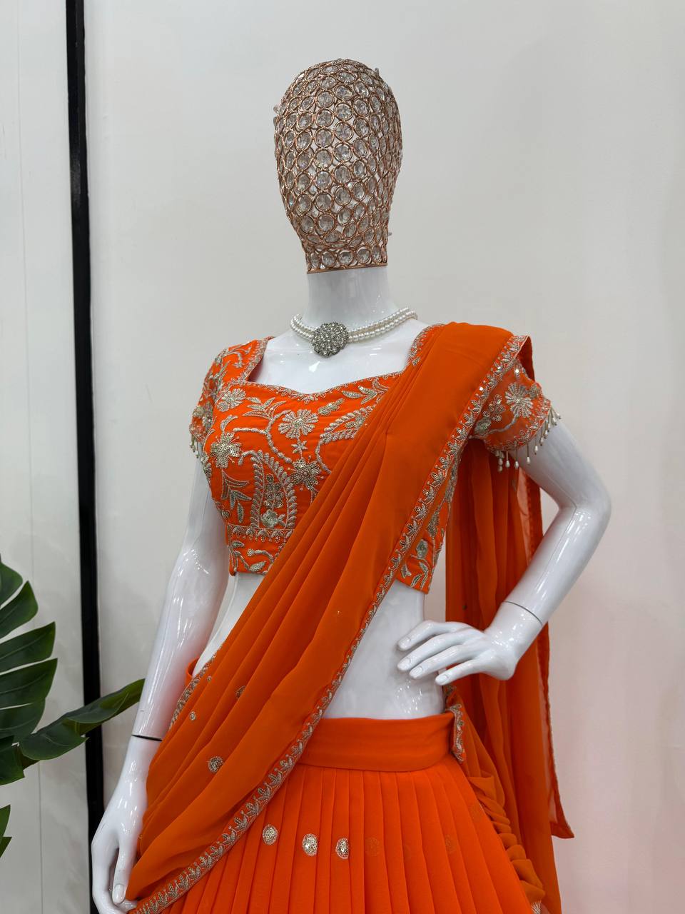 Ruffle Style Orange Lehenga Saree in Faux Georgette with Sequins & Thread Work – Ready to Wear Ethnic Outfit