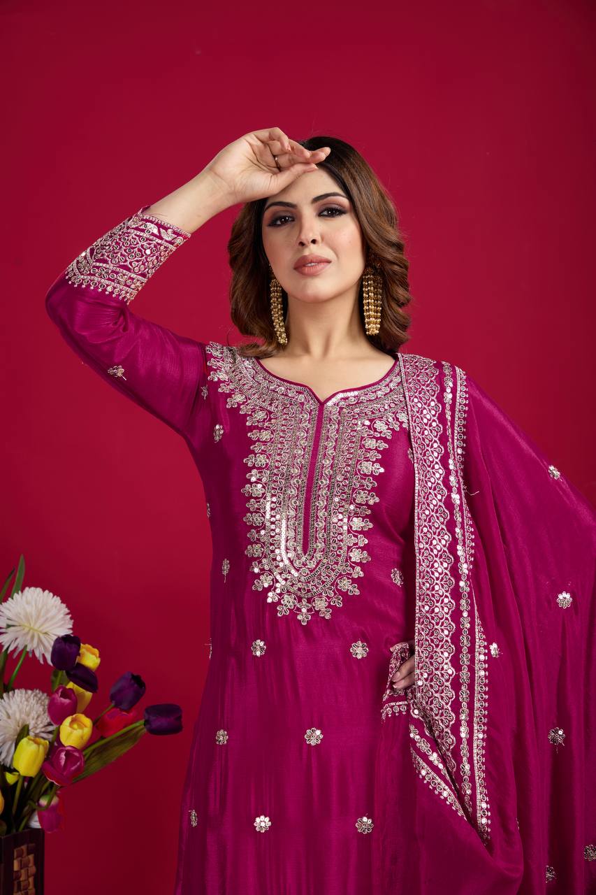 Pink Chinnon Silk With Heavy Embroidery Sequence Work Top-Plazo And Dupatta Set