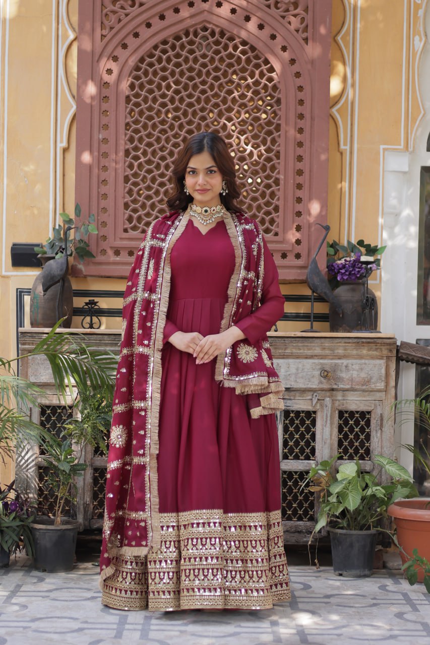 Faux Georgette Embroidered Maroon Anarkali Gown For Women