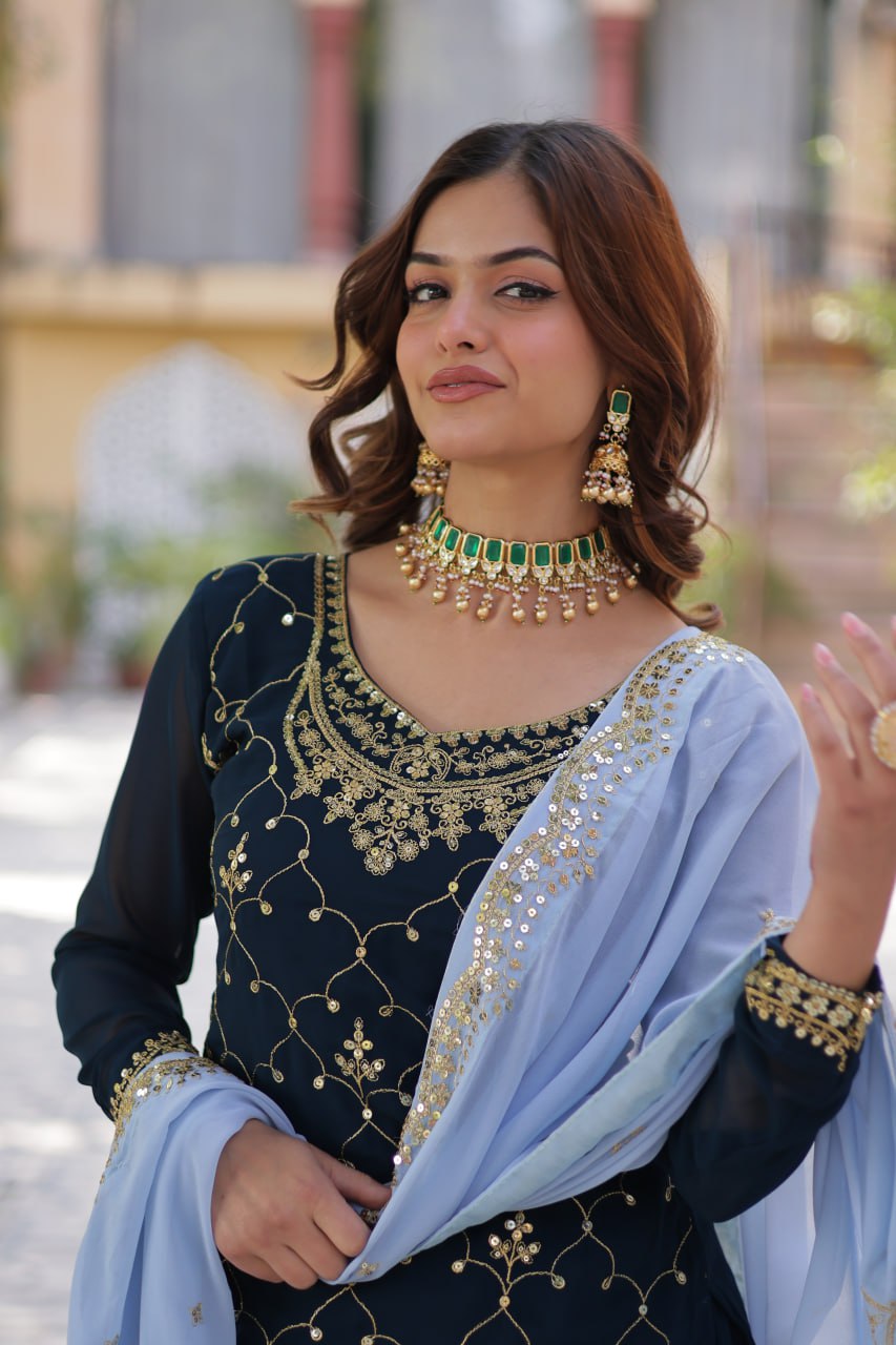 Faux Blooming Embroidered Work Firozi Blue Kurti And Plazzo Suit