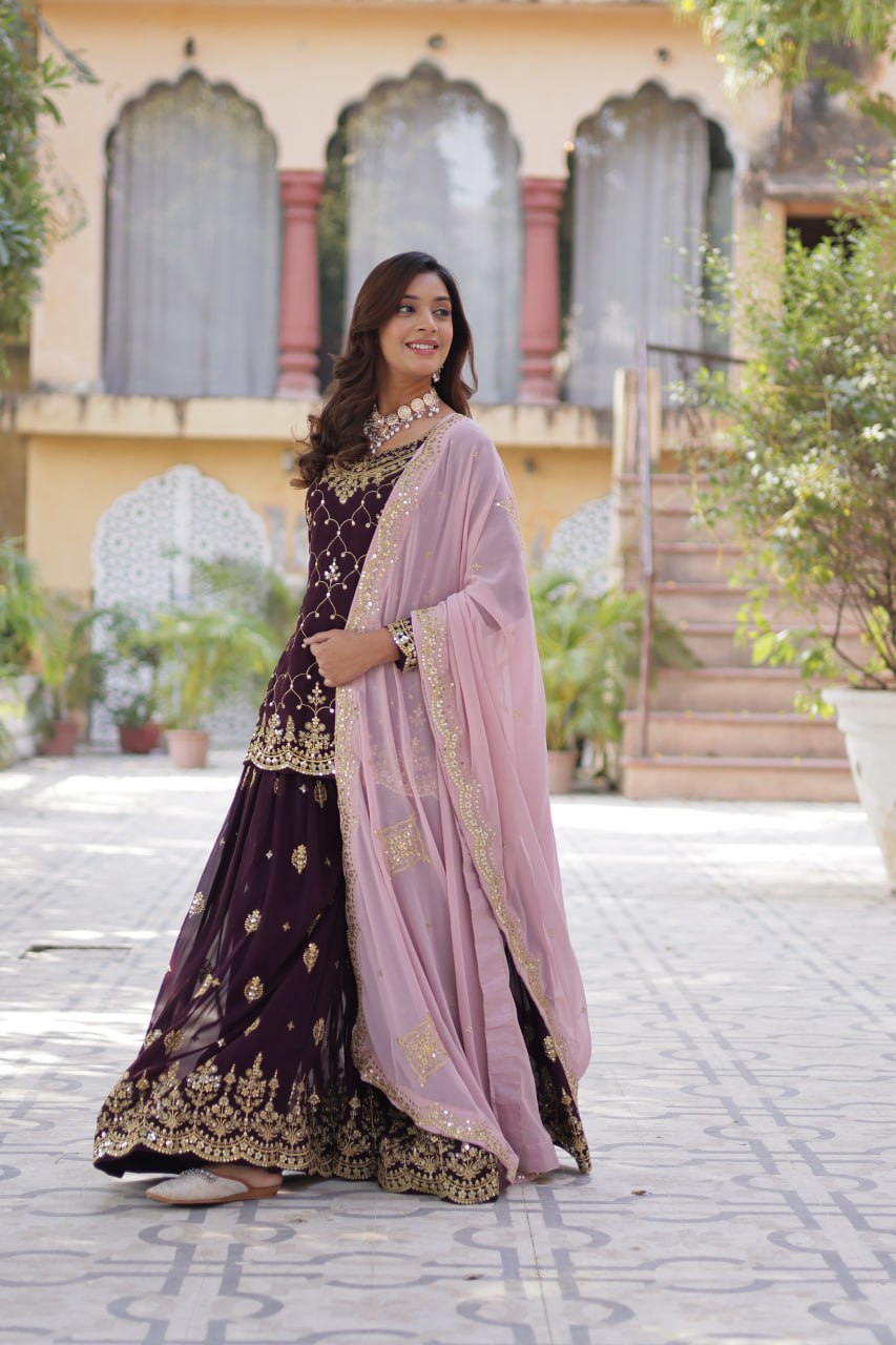 Faux Blooming Embroidered Work Wine Colour Kurti And Plazzo Suit
