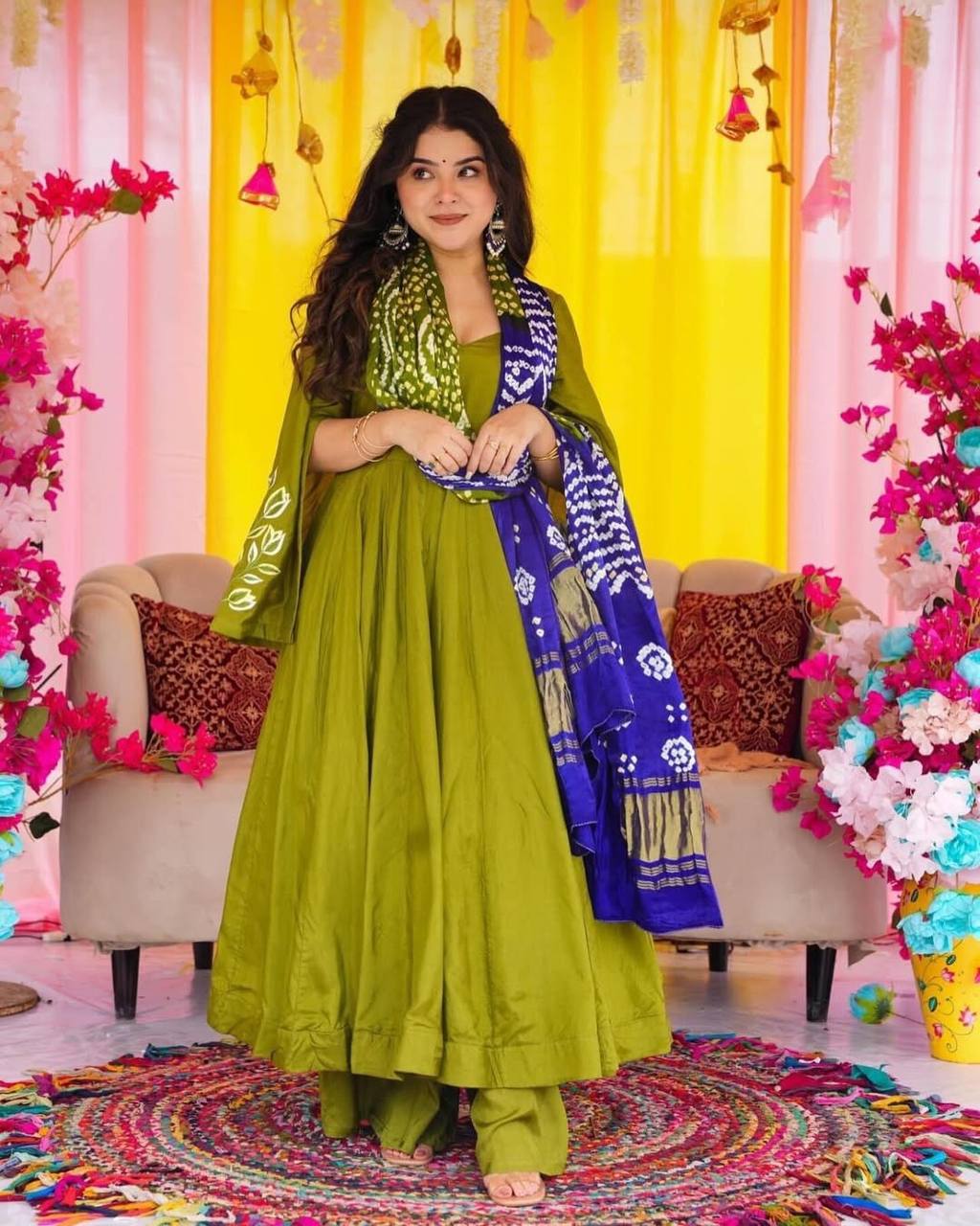 Green Chinon Silk Anarkali Suit Set With Beautiful Bandhani Print Dupatta