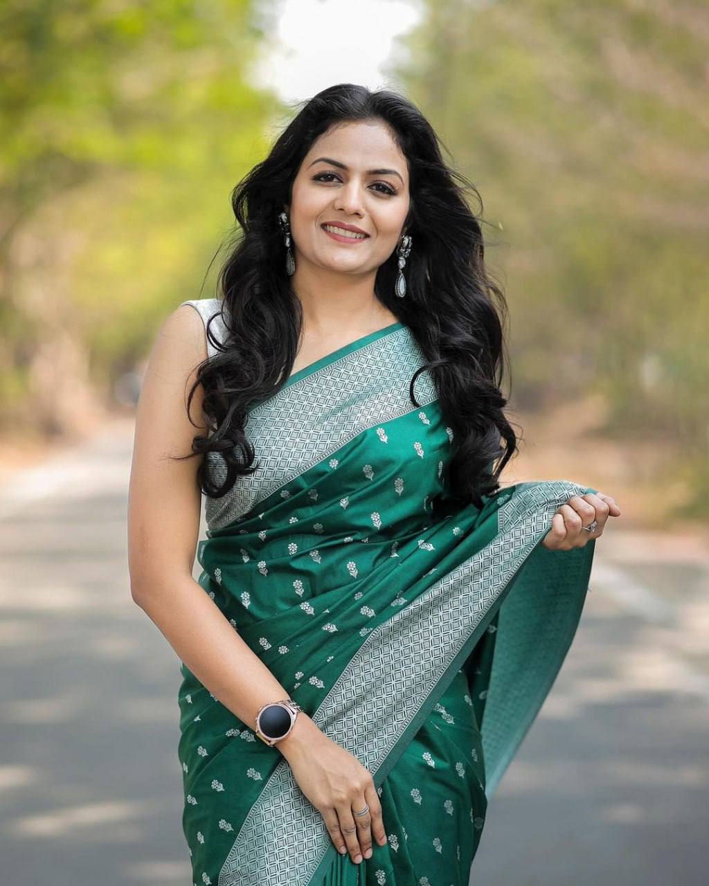 Green Color Floral Woven Saree with Contrast Border