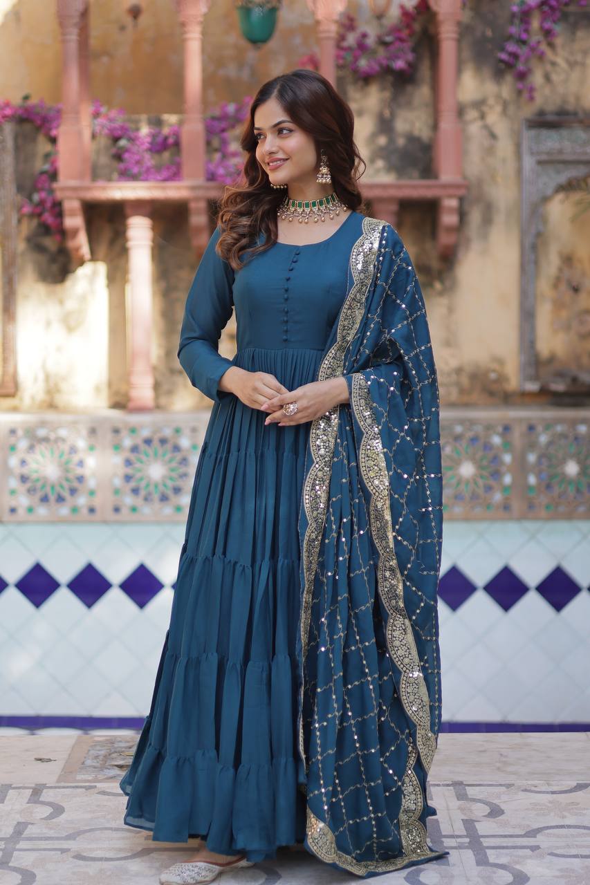Rama Georgette Embroidered Flared Anarkali Gown Set