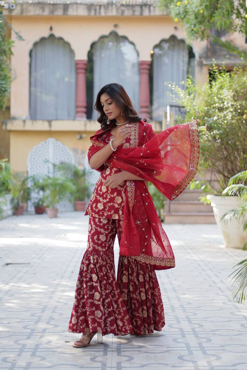 Premium Maroon Jacquard Silk Sharara-Gharara Suit