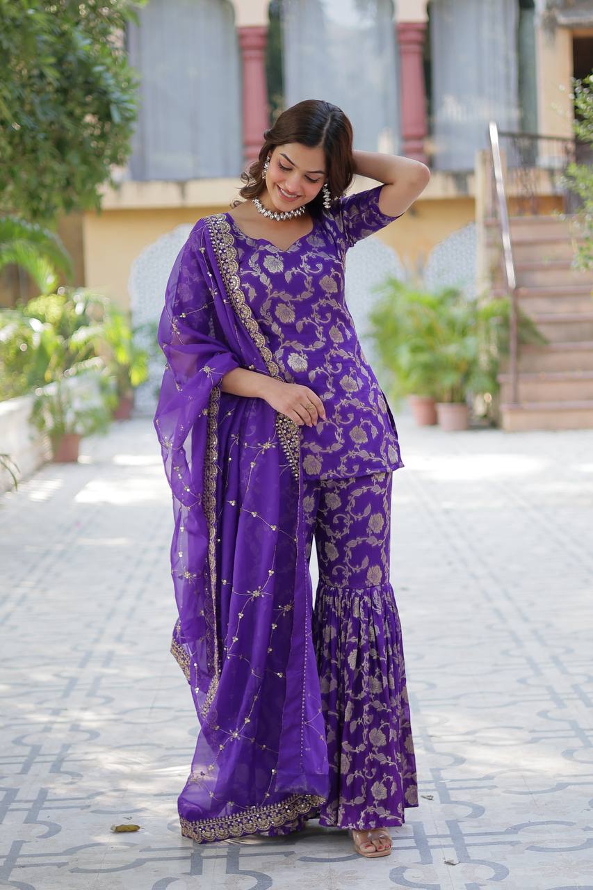 Premium Purple Jacquard Silk Sharara-Gharara Suit