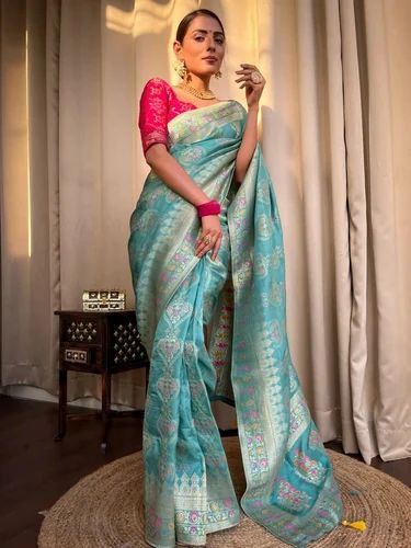 Sky Blue Floral Woven Banarasi Saree with Contrast Border