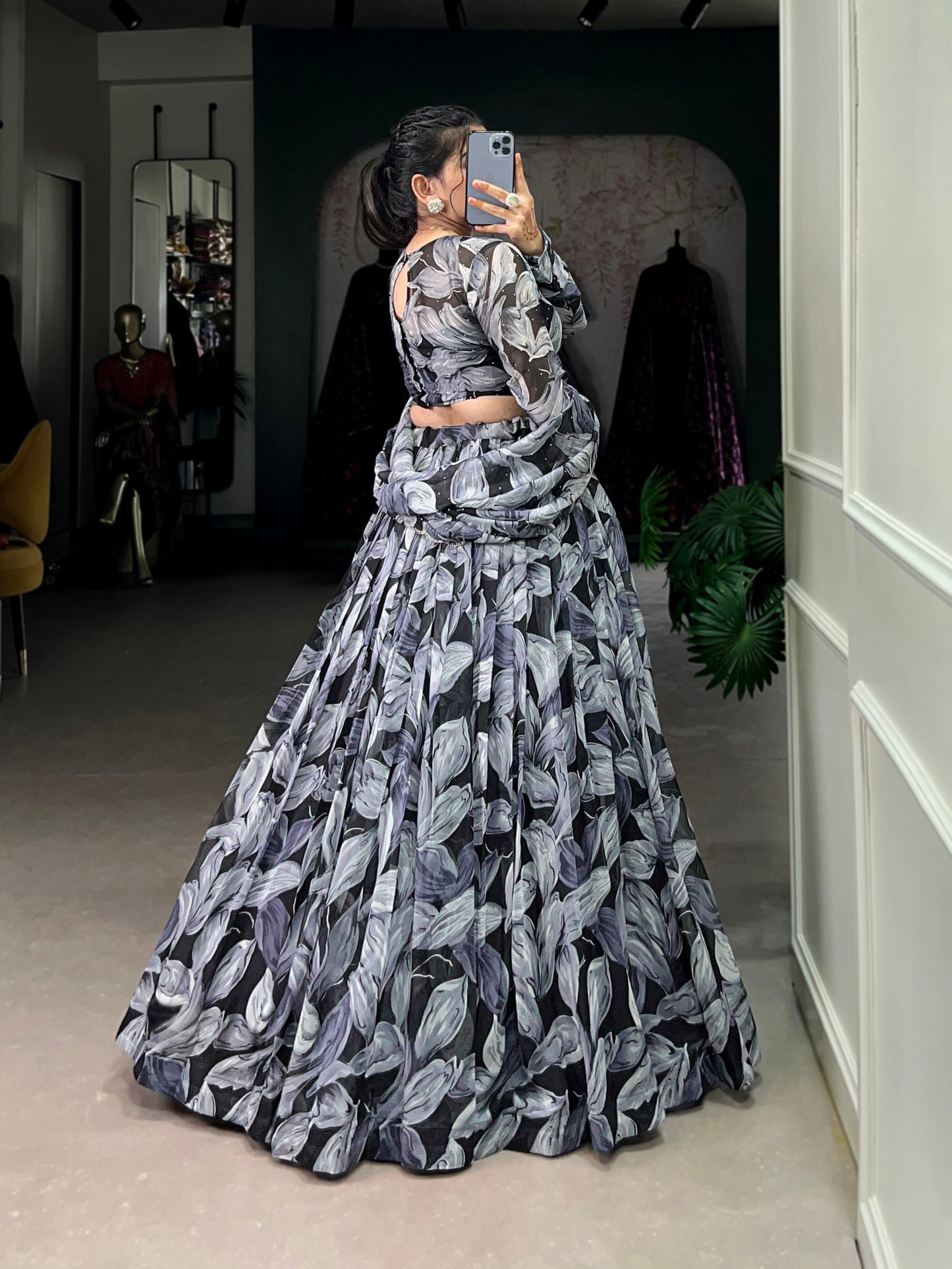 Black Color Lehenga Choli in Tabby Silk With Print With Hotfix Diamond Work