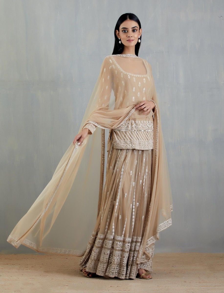 Beige & Cream Net Sharara Set