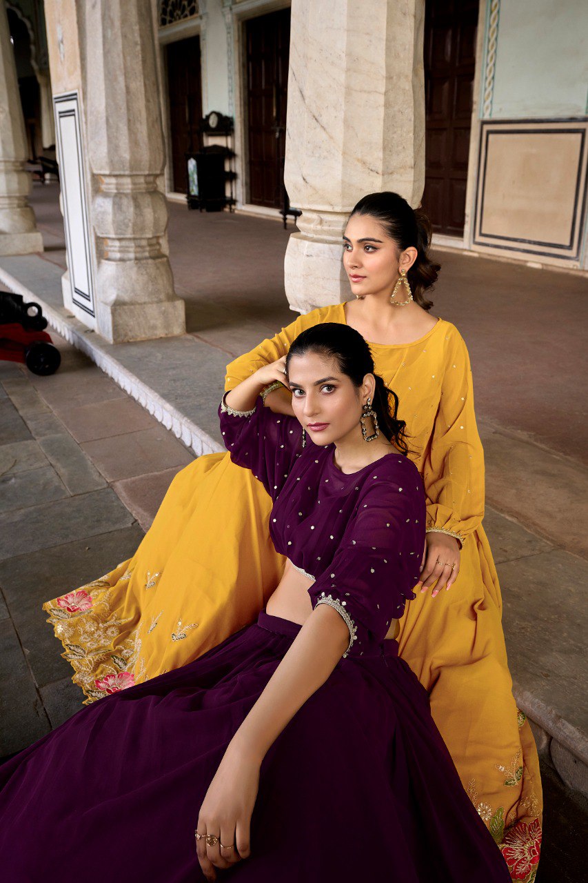 Beautiful Purple Embroidered Georgette Haldi Wear Crop Top Lehenga