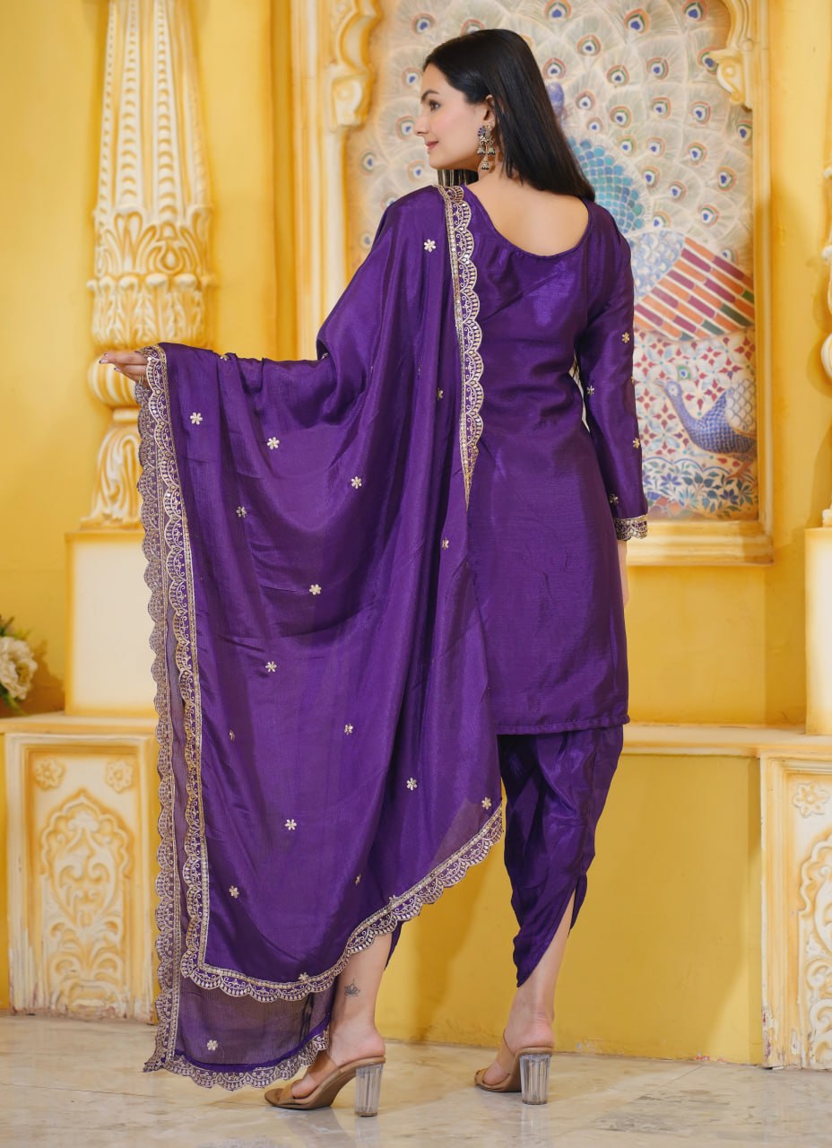 Violet Purple Organza Satin Embroidered Dhoti Suit