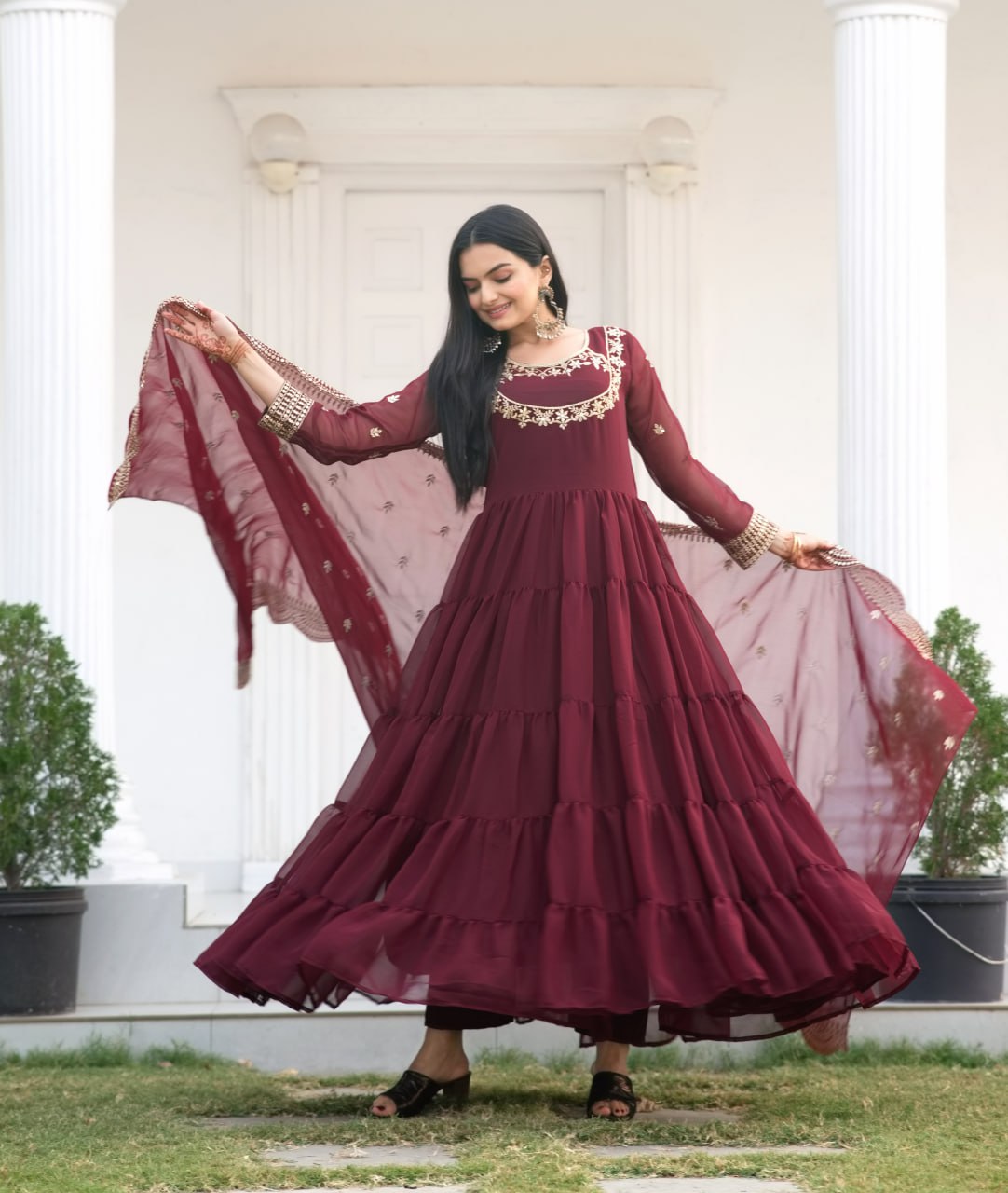 Sequence Embroidery Work Georgette Maroon Gown