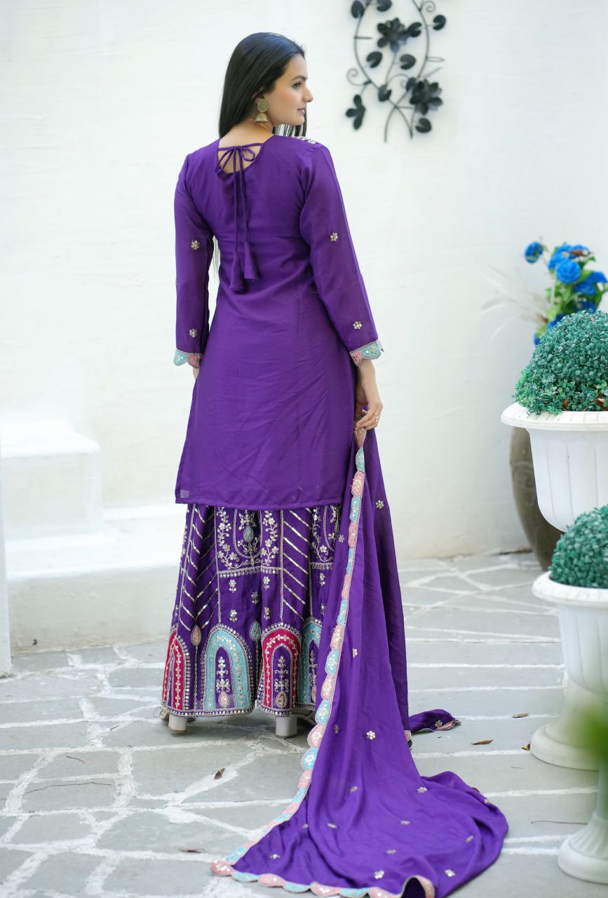 Purple Designer Embroidered Chinon Suit With Sequence Work