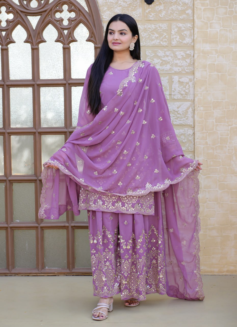 Lavender Sequence Embroidery Work Designer Sharara Suit